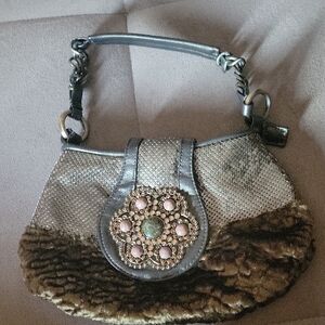 Vintage 80s Whiting & Davis Gold Mesh Faux Camel Fur Rhinestone Clutch Purse